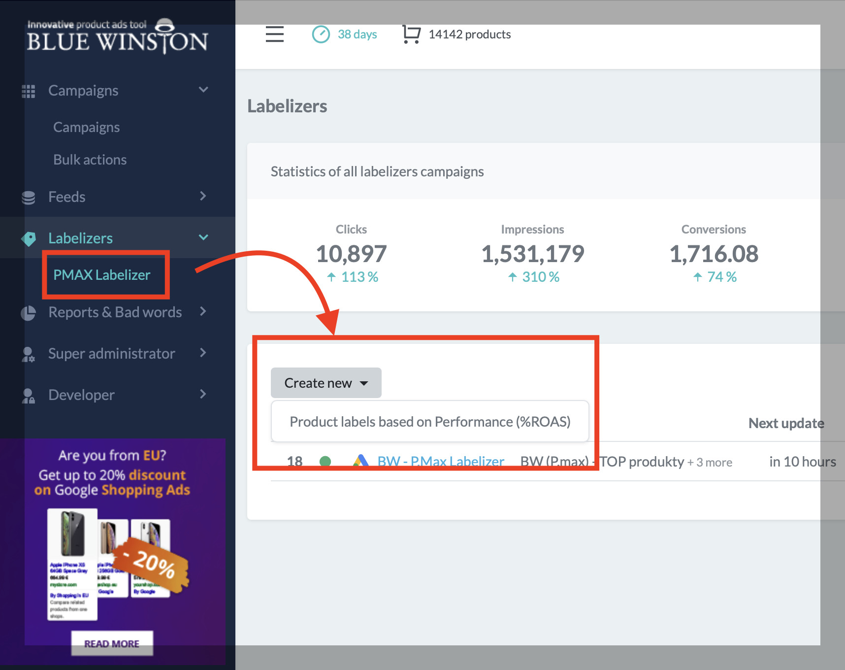 Create new Product Labels based on performance %ROAS