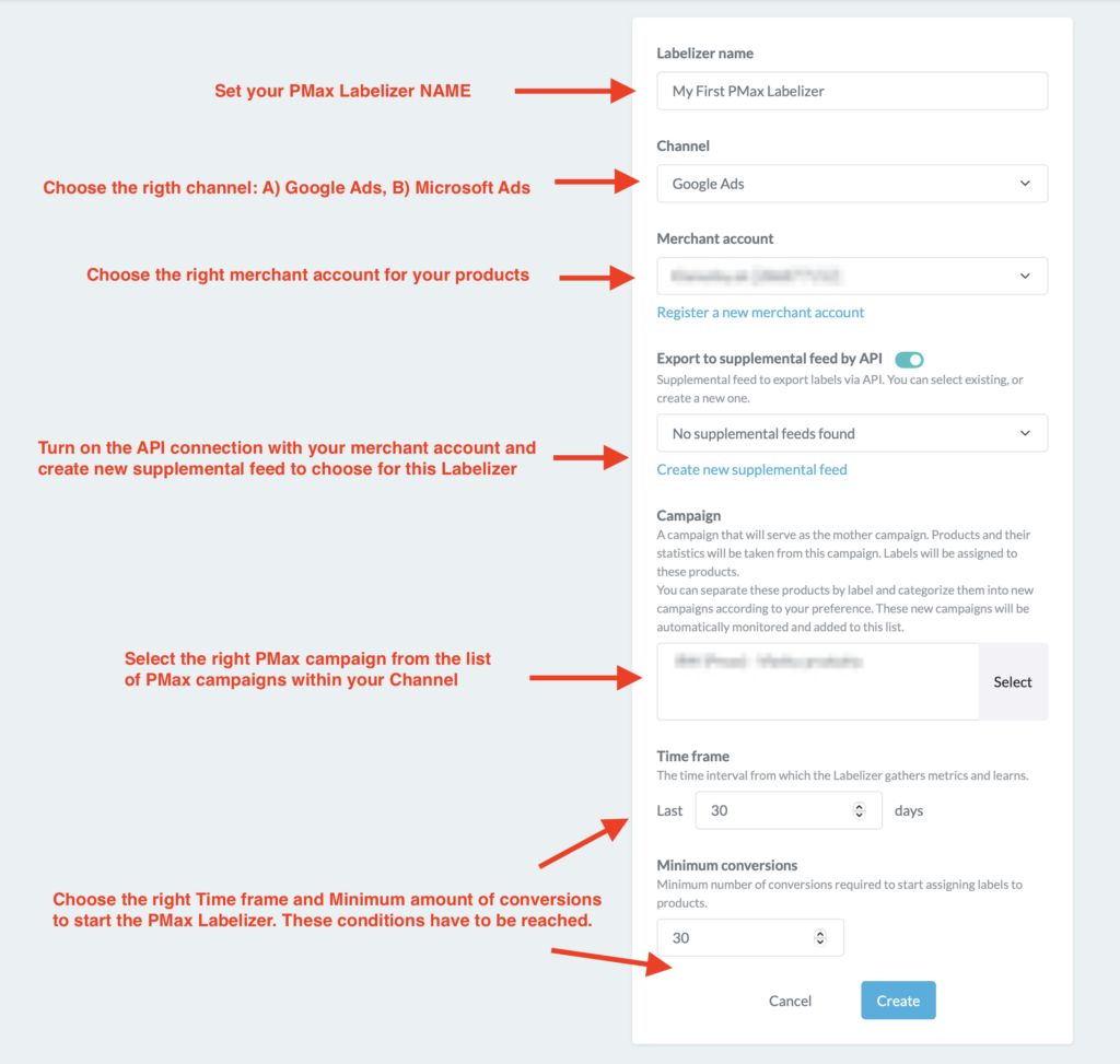 Ako správne nastavit PMax Labelizer, vybrat kanál, merchant ucet a zvoliť kampaň