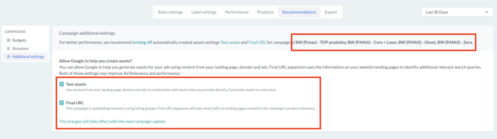 Automatické vypnutie generovanie Google Text assets a FInal URL expansion pre vaše PMax kampane